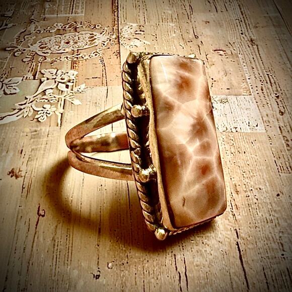 Rare! Pink Larimar Rectangle Rope Boho Ring Sterling Size 8 - Picture 3 of 6